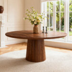 Round Kitchen Table 110 cm Country Style, MDF Tabletop with Walnut Veneer from Two Semicircles, Cylindrical - Image 17