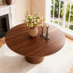 Round Kitchen Table 110 cm Country Style, MDF Tabletop with Walnut Veneer from Two Semicircles, Cylindrical - Image 2