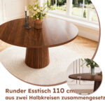 Round Kitchen Table 110 cm Country Style, MDF Tabletop with Walnut Veneer from Two Semicircles, Cylindrical - Image 7
