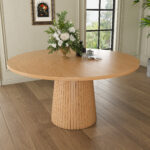 Round Kitchen Table 110 cm Country Style, MDF Tabletop with Oak Veneer from Two Semicircles, Cylindrical