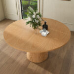 Round Kitchen Table 110 cm Country Style, MDF Tabletop with Oak Veneer from Two Semicircles, Cylindrical - Image 2