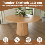 Round Kitchen Table 110 cm Country Style, MDF Tabletop with Oak Veneer from Two Semicircles, Cylindrical - Image 6