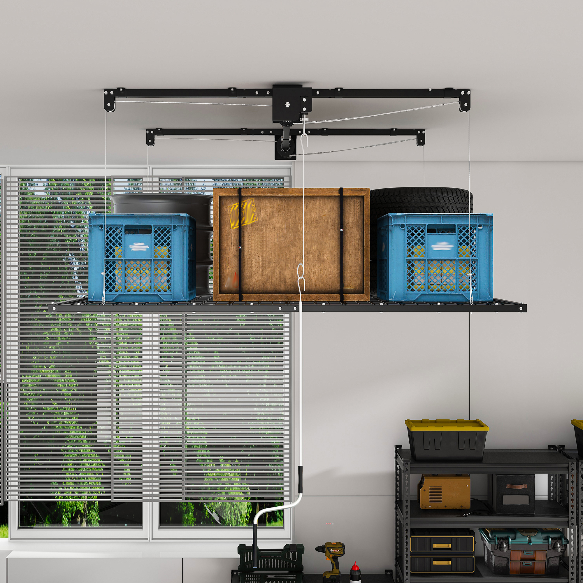 Garage Ceiling Storage with Crank System, 1.2x2.4m Steel Overhead Rack for High Rooms from 3 to 3.6m, with