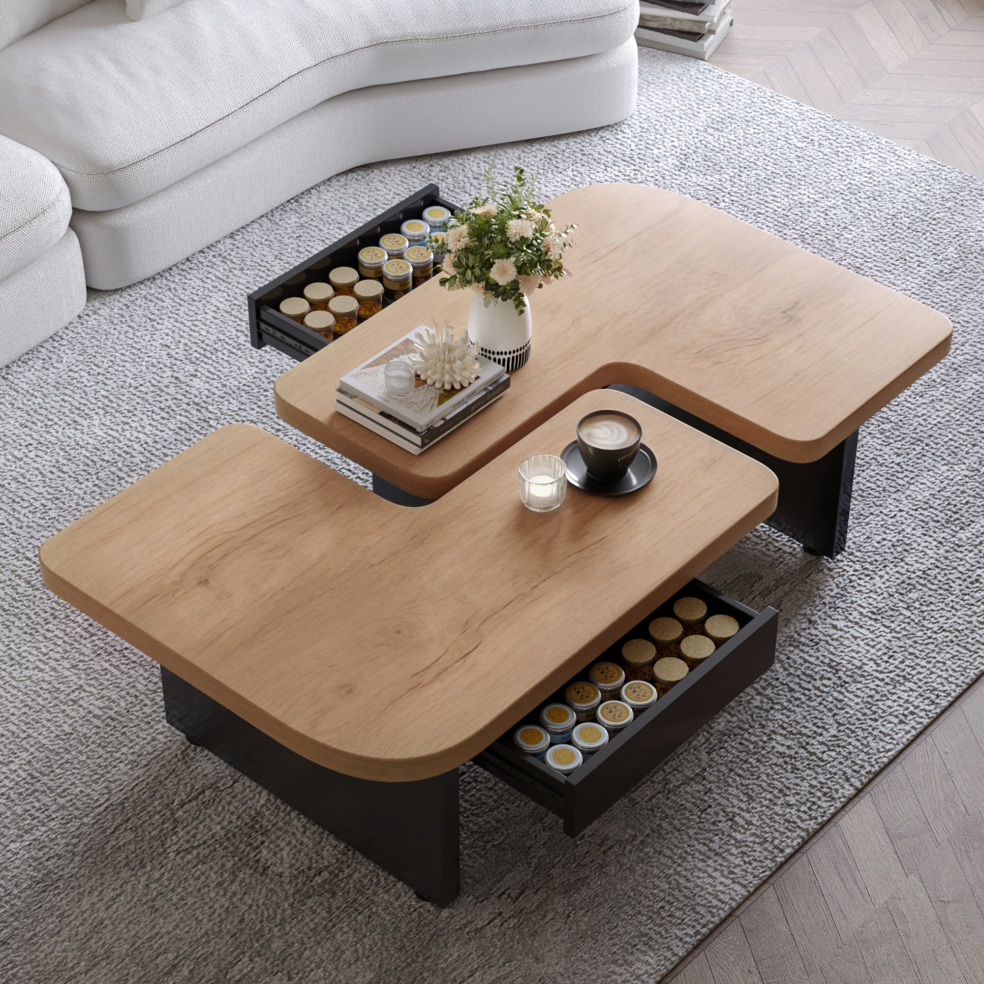 Modern Coffee Table with LED, Eco-Friendly Wood, 2-in-1 Design, Freely Movable