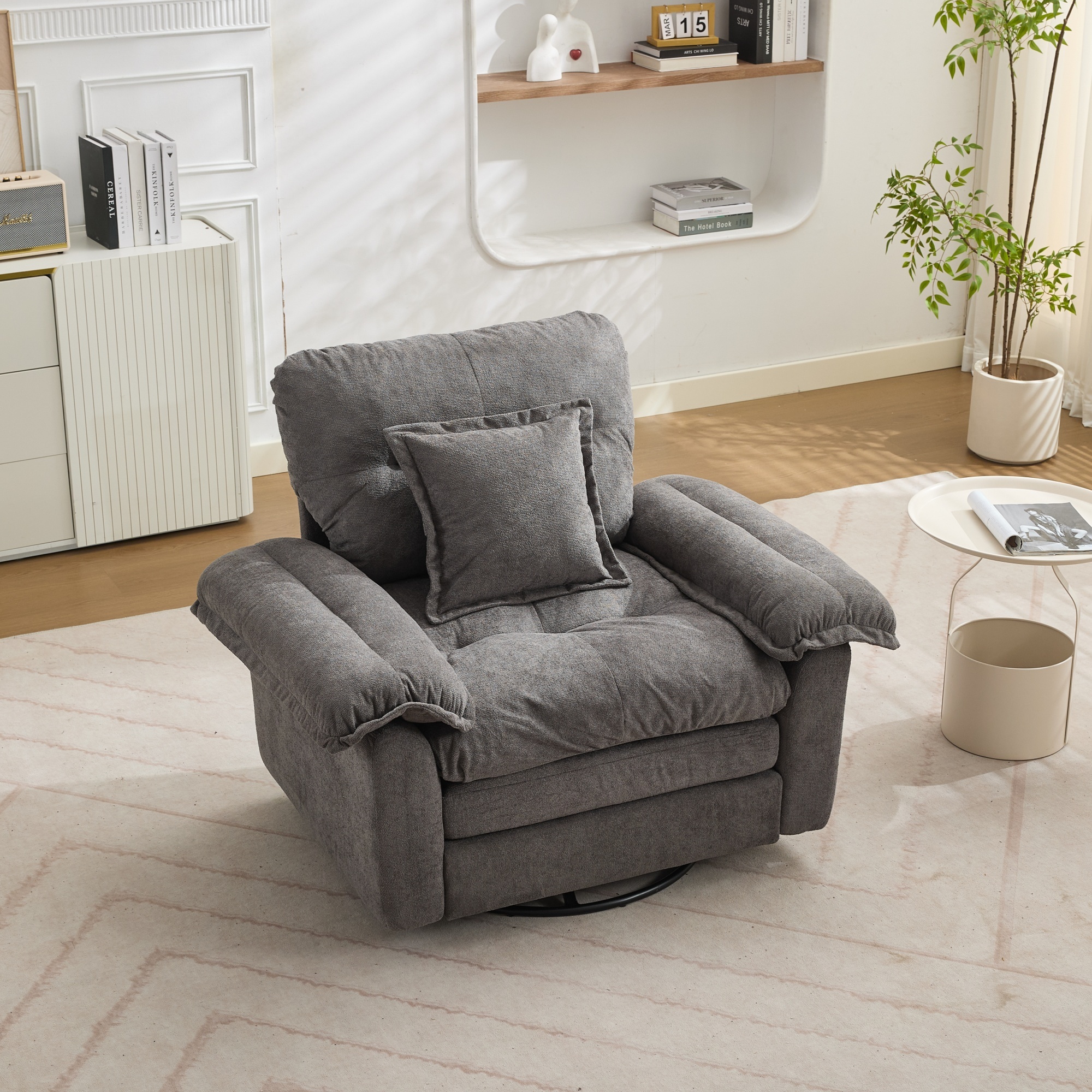 Chenille 360° Swivel Accent Chair in Oversized Format for Reading - Comfortable Accent Chair with Stool