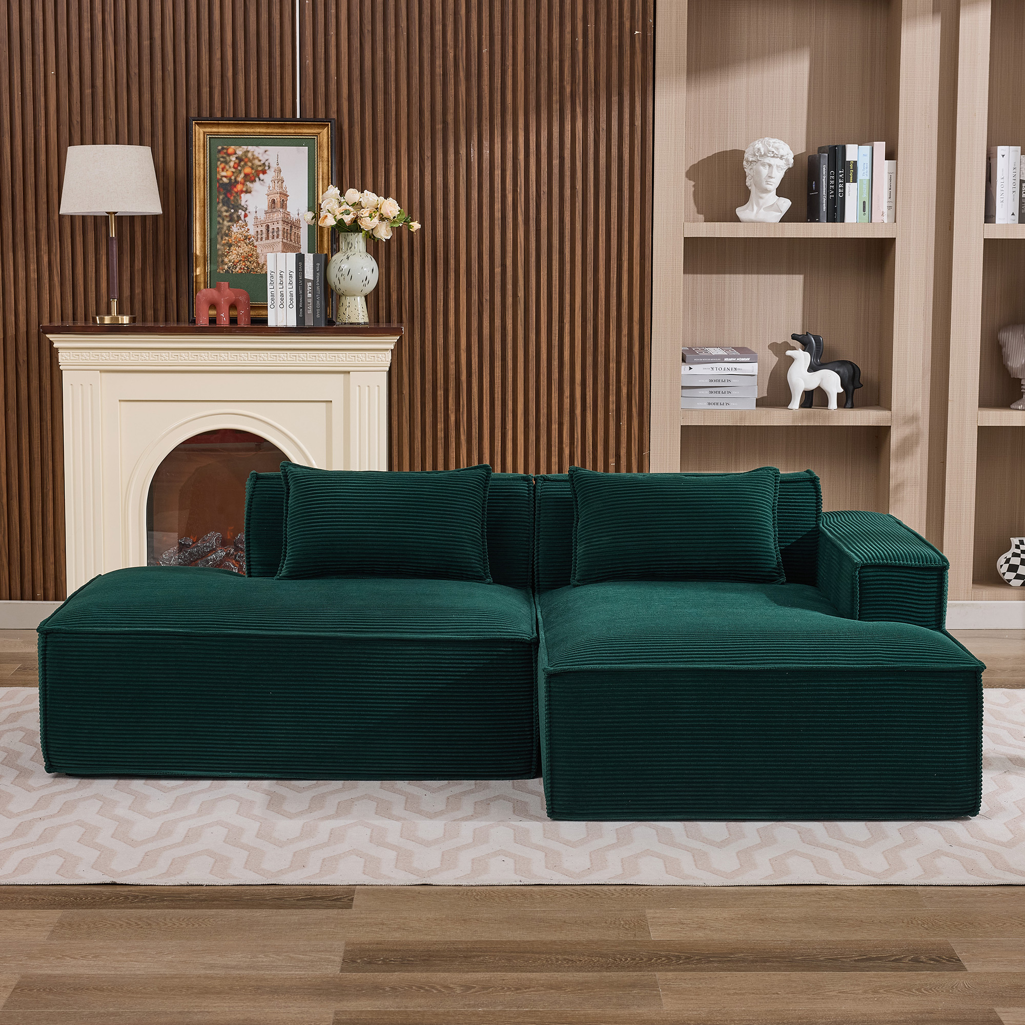 235 cm wide economy textile sofa with two cushions + feather bag - modern, simple and comfortable so