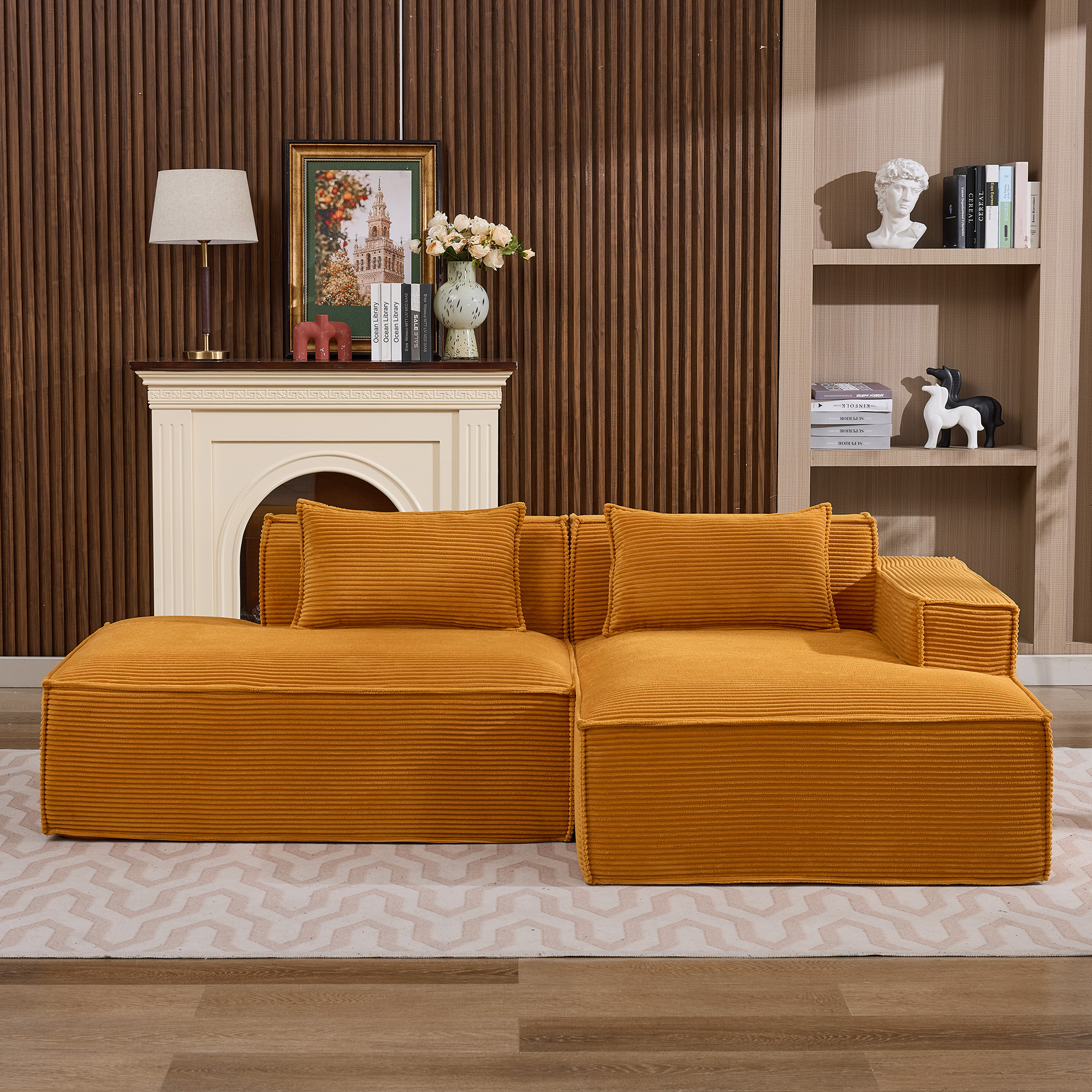 235 cm wide economy textile sofa with two cushions + feather bag - modern, simple and comfortable so