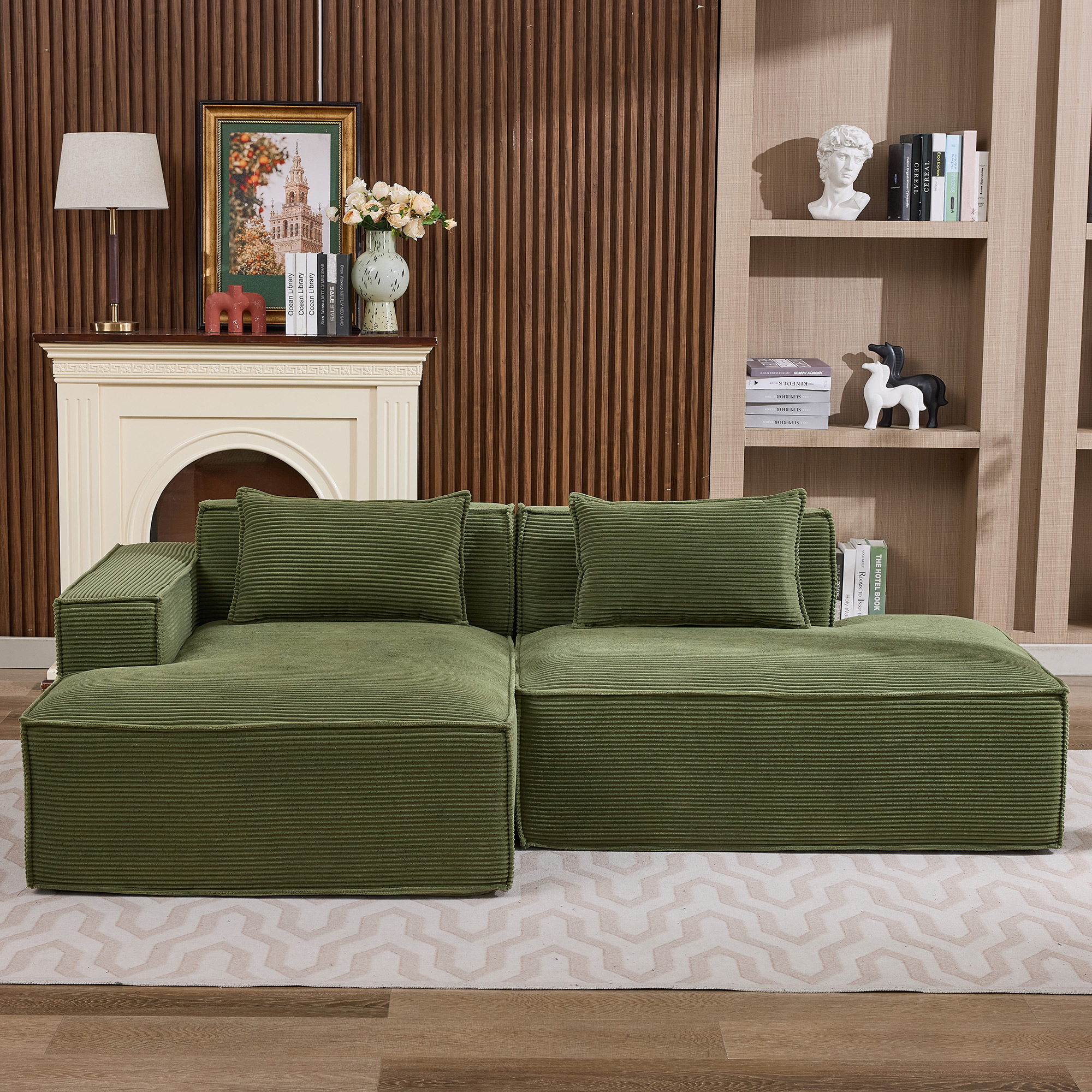235 cm wide economy textile sofa with two cushions + feather bag - modern, simple and comfortable so
