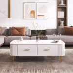 Coffee Table with Drawers, Curved Corners, Living Room Table with Wavy Sides, Golden Handles