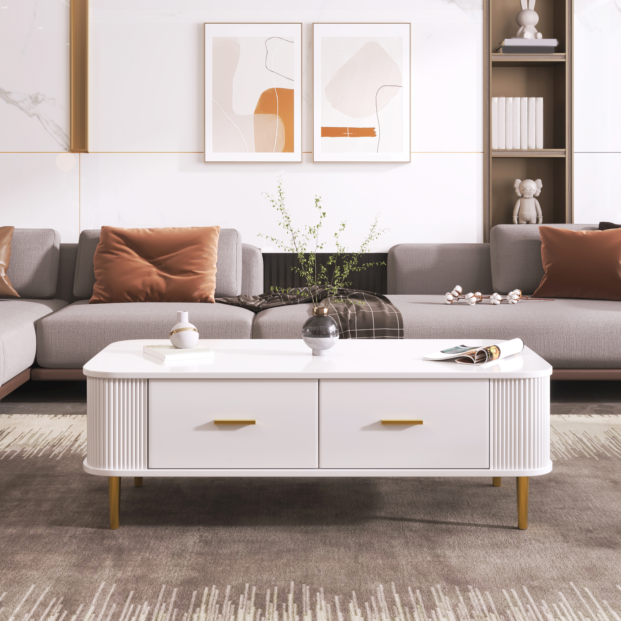 Coffee Table with Drawers, Curved Corners, Living Room Table with Wavy Sides, Golden Handles