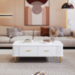Coffee Table with Drawers, Curved Corners, Living Room Table with Wavy Sides, Golden Handles - Image 2