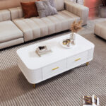 Coffee Table with Drawers, Curved Corners, Living Room Table with Wavy Sides, Golden Handles - Image 4