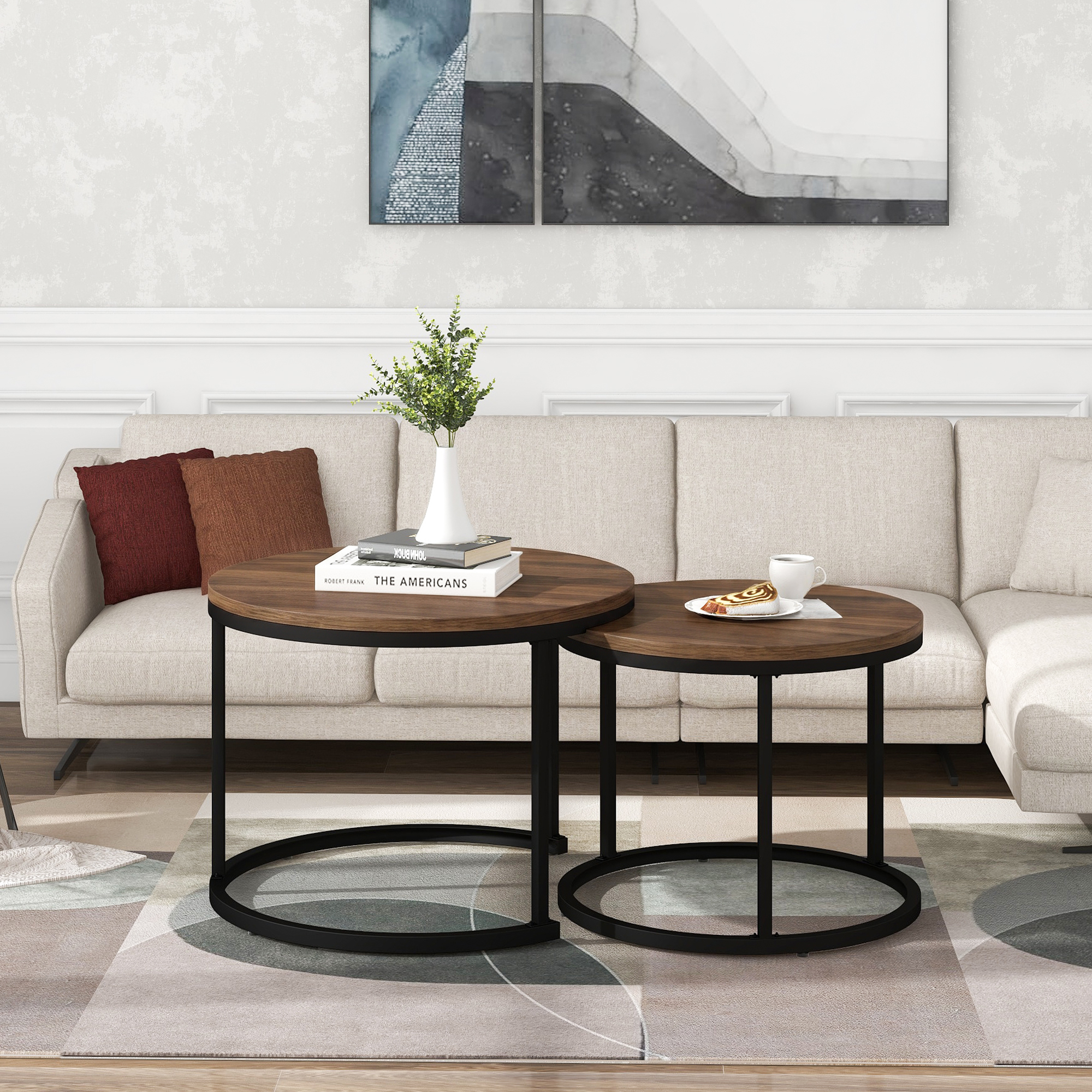 Round Coffee Table 2-Piece Set, Living Room Nesting Round Side Table Set of 2