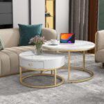 Modern Nesting Coffee Table, High-Gloss Marble Pattern, 2-Piece Round Set
