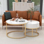Modern Nesting Coffee Table, High-Gloss Marble Pattern, 2-Piece Round Set - Image 2
