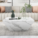 Modern Drum Coffee Table, Trapezoid White Marble Veneer Coffee Table, Living Room Table 70*70*38cm - Image 10