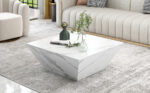 Modern Drum Coffee Table, Trapezoid White Marble Veneer Coffee Table, Living Room Table 70*70*38cm - Image 12