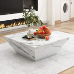 Modern Drum Coffee Table, Trapezoid White Marble Veneer Coffee Table, Living Room Table 70*70*38cm - Image 2
