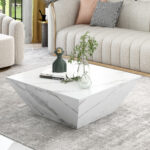 Modern Drum Coffee Table, Trapezoid White Marble Veneer Coffee Table, Living Room Table 70*70*38cm - Image 9