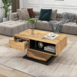 Wood Grain Coffee Table, with One Handleless Drawer, One Storage Compartment and Rear Storage, Double-Sided