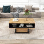 Wood Grain Coffee Table, with One Handleless Drawer, One Storage Compartment and Rear Storage, Double-Sided - Image 3