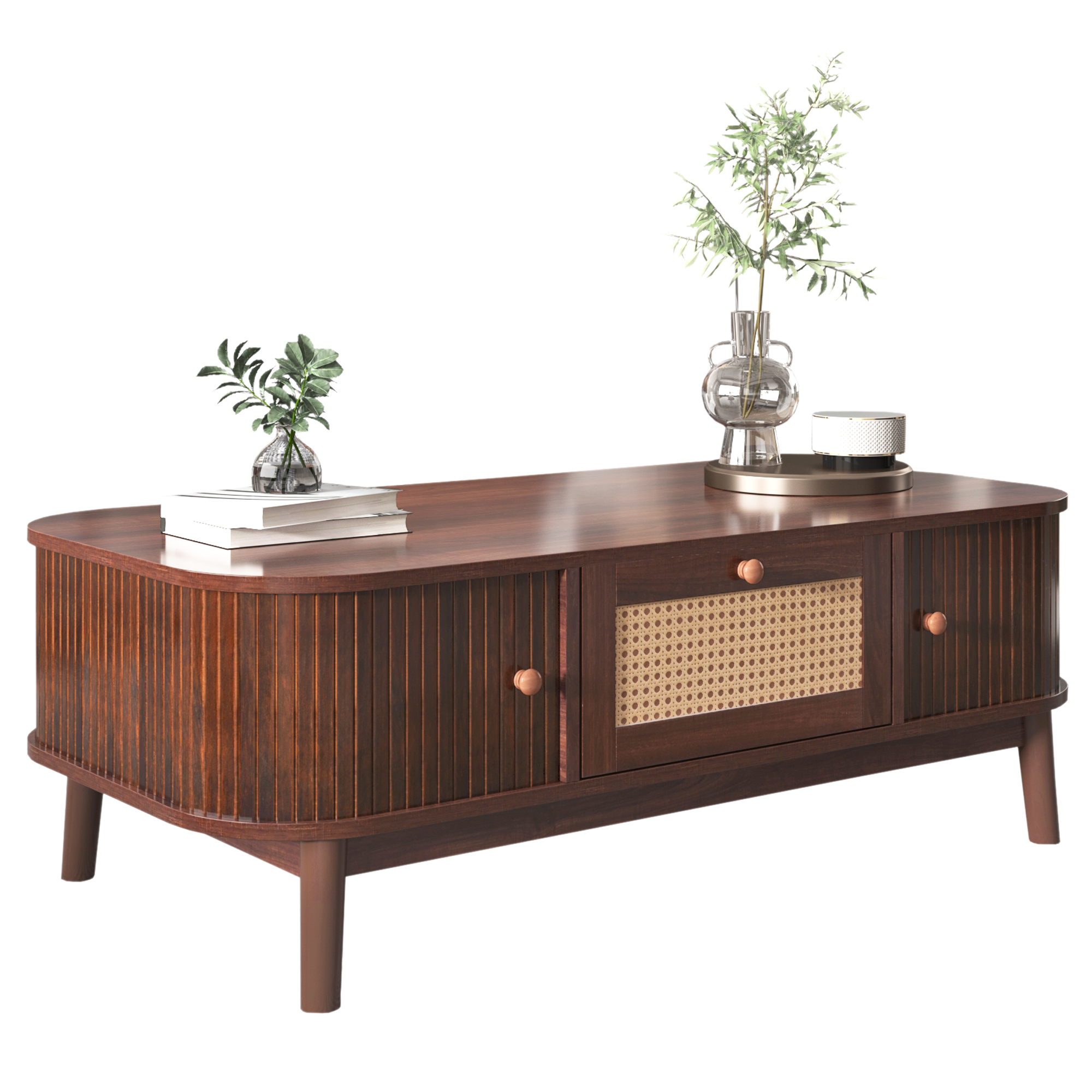 Rattan Coffee Table, Drawers with Rattan and Sliding Doors with Solid Wood Slats, Solid Wood Material