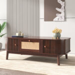 Rattan Coffee Table, Drawers with Rattan and Sliding Doors with Solid Wood Slats, Solid Wood Material - Image 10