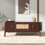 Rattan Coffee Table, Drawers with Rattan and Sliding Doors with Solid Wood Slats, Solid Wood Material - Image 11