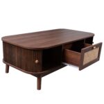 Rattan Coffee Table, Drawers with Rattan and Sliding Doors with Solid Wood Slats, Solid Wood Material - Image 12