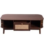 Rattan Coffee Table, Drawers with Rattan and Sliding Doors with Solid Wood Slats, Solid Wood Material - Image 13