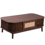 Rattan Coffee Table, Drawers with Rattan and Sliding Doors with Solid Wood Slats, Solid Wood Material - Image 15