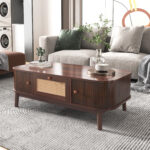 Rattan Coffee Table, Drawers with Rattan and Sliding Doors with Solid Wood Slats, Solid Wood Material - Image 21