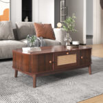 Rattan Coffee Table, Drawers with Rattan and Sliding Doors with Solid Wood Slats, Solid Wood Material - Image 3