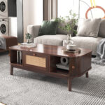 Rattan Coffee Table, Drawers with Rattan and Sliding Doors with Solid Wood Slats, Solid Wood Material - Image 4