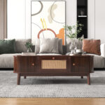 Rattan Coffee Table, Drawers with Rattan and Sliding Doors with Solid Wood Slats, Solid Wood Material - Image 6