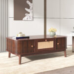 Rattan Coffee Table, Drawers with Rattan and Sliding Doors with Solid Wood Slats, Solid Wood Material - Image 7
