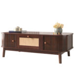 Rattan Coffee Table, Drawers with Rattan and Sliding Doors with Solid Wood Slats, Solid Wood Material - Image 8