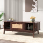 Rattan Coffee Table, Drawers with Rattan and Sliding Doors with Solid Wood Slats, Solid Wood Material - Image 9