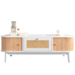 Rattan Coffee Table, Drawers with Rattan and Sliding Doors with Solid Wood Slats, Solid Wood Material
