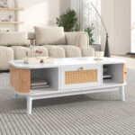 Rattan Coffee Table, Drawers with Rattan and Sliding Doors with Solid Wood Slats, Solid Wood Material - Image 10