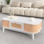 Rattan Coffee Table, Drawers with Rattan and Sliding Doors with Solid Wood Slats, Solid Wood Material - Image 11