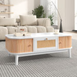 Rattan Coffee Table, Drawers with Rattan and Sliding Doors with Solid Wood Slats, Solid Wood Material - Image 12