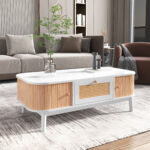Rattan Coffee Table, Drawers with Rattan and Sliding Doors with Solid Wood Slats, Solid Wood Material - Image 3