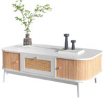 Rattan Coffee Table, Drawers with Rattan and Sliding Doors with Solid Wood Slats, Solid Wood Material - Image 4