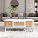 Rattan Coffee Table, Drawers with Rattan and Sliding Doors with Solid Wood Slats, Solid Wood Material - Image 6