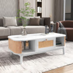 Rattan Coffee Table, Drawers with Rattan and Sliding Doors with Solid Wood Slats, Solid Wood Material - Image 7