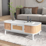 Rattan Coffee Table, Drawers with Rattan and Sliding Doors with Solid Wood Slats, Solid Wood Material - Image 8