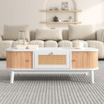 Rattan Coffee Table, Drawers with Rattan and Sliding Doors with Solid Wood Slats, Solid Wood Material - Image 9