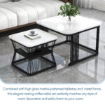 2-Piece Set Modern Side Tables, MDF in Marble Look, White High-Gloss Black Steel Frame - Image 7