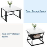 2-Piece Set Modern Side Tables, MDF in Marble Look, White High-Gloss Black Steel Frame - Image 12